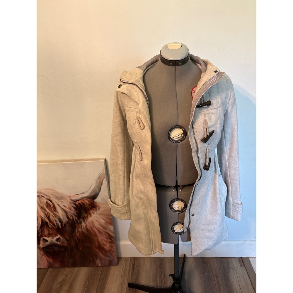 Divided H&M Duffle Coat Women Size 4 Oatmeal Good Hooded Toggle Zip Jacket